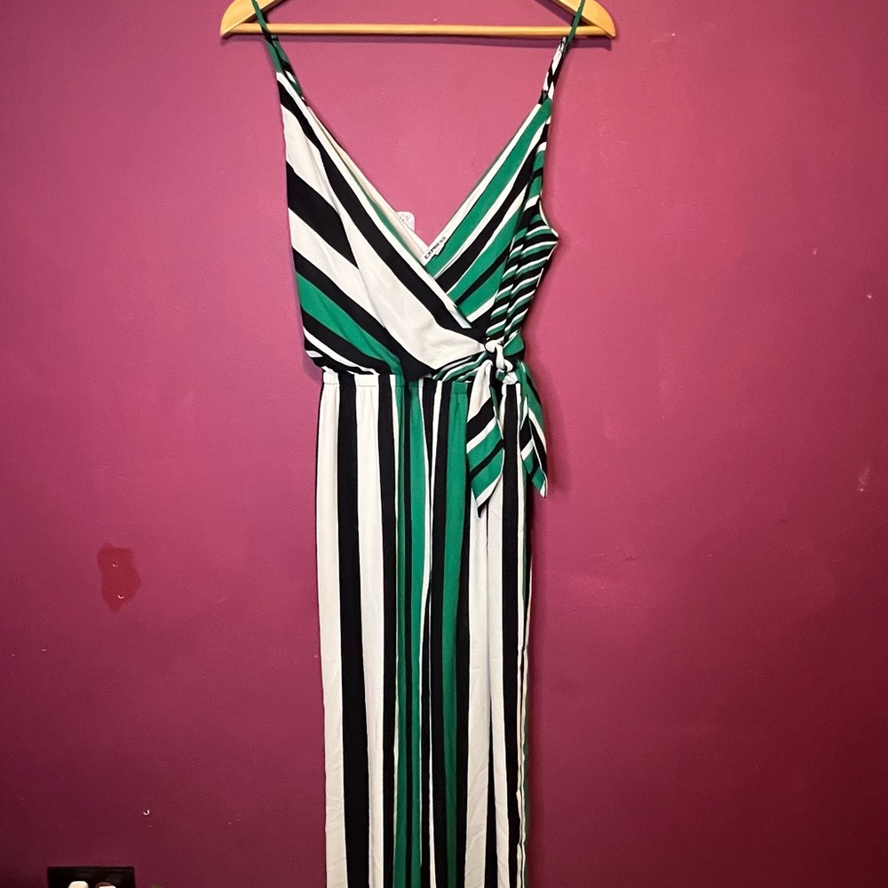 Express Jumpsuit Green Black White Striped Size: S (Short) - Picture 2 of 7